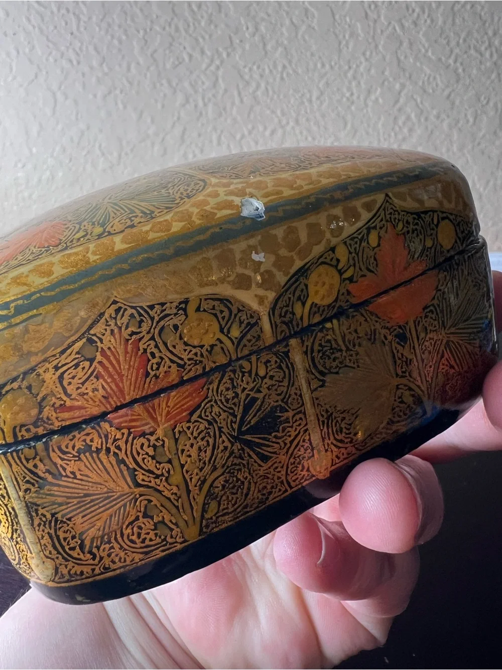 Vintage 1970s Kashmiri Papier Mâché Jewelry Box Domed Lid Gold Floral Trinket